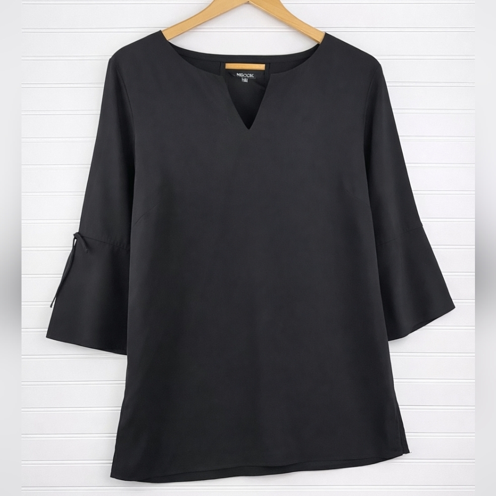 Misook Black Crepe V-Neck Tunic 3/4 Sleeve Bell Sleeve Blouse M